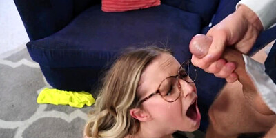 Busty chick distracts a nerdy dude who is enjoying his meal