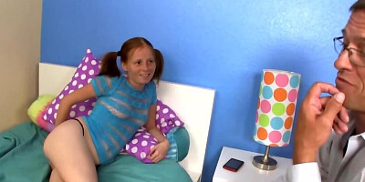 Pig-tailed teen in blue top has sex with stepdad to go to a party