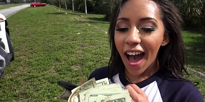 For money busty Latina gal gives stranger outdoor blowjob