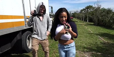 For money busty Latina gal gives stranger outdoor blowjob