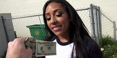 For money busty Latina gal gives stranger outdoor blowjob