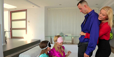 Best friends share an escort's hard cock while blindfolded