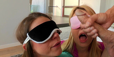Best friends share an escort's hard cock while blindfolded