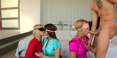 Best friends share an escort's hard cock while blindfolded