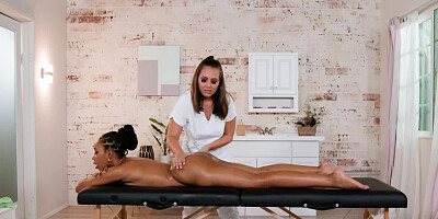 Jenna Sativa and Jenna Foxx lovemaking on the massage table