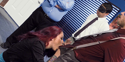 Monique Alexander is kneeling and sucking dicks