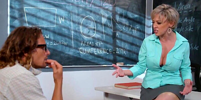 Big-tittied teacher motivates negligent stud with sex