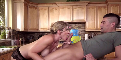 Blonde MILF in high heels fucks stepson on a kitchen table