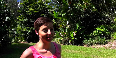 Short-haired brunette is fucked with big dick near jeep