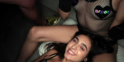 Two brunette girls are face-fucked by a big-dicked guy