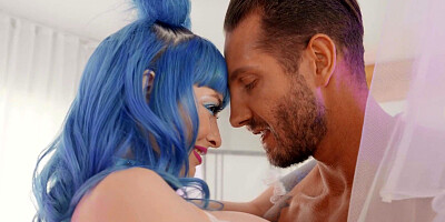 Blue-haired nympho in fishnets gets fucked balls deep