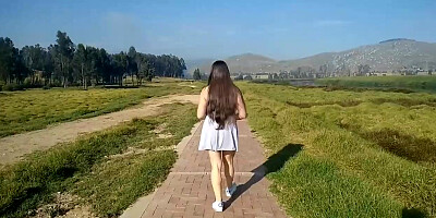 Superslut with strenuous gams showcases off her butt and labia and fellates a trouser snake outdoors