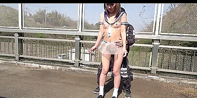 Jav College Girl Chan Fucks Outdoors On Public Bridge Uncensored Traffic Passes Below As She Fucks