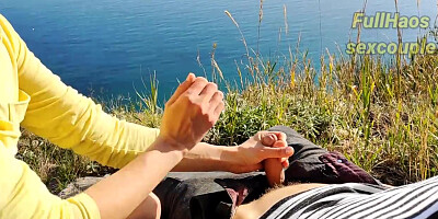 Nasty fellow loves to get a hand-job in the nature, until he gushes from delight