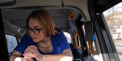 Girl with cute glasses getting banged in the backseat