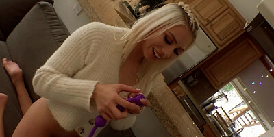 Depraved blonde is drilling her butthole with a long rubber dildo