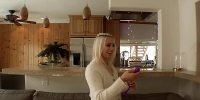 Depraved blonde is drilling her butthole with a long rubber dildo