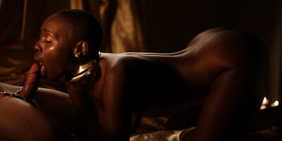 Bald-headed ebony with natural tits gets passionately fucked