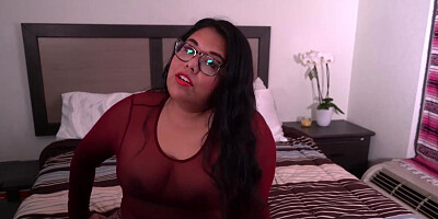 Brown-Haired plus-size with glasses is dressed in fishnets during a live Jerk Off Instructions sesh from her apartment