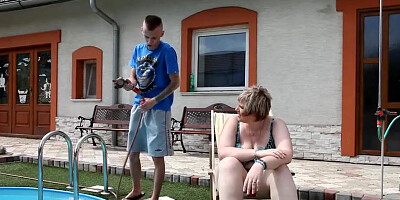Ample gal is having casual fuck-fest with a man who is supposed to tidy her swimming pool