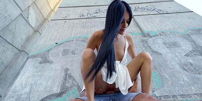 Slim brunette Ara Mix gets fucked in public