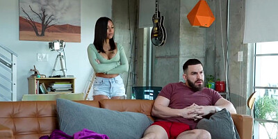 Stepbrother fucks tanned busty stepsister