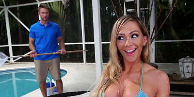 Pool boy daydreams about fucking the busty houswife Destiny Dixon poolside