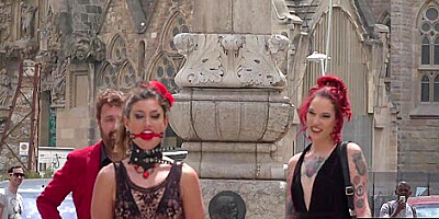 Public BDSM slut humiliated and spanked by audience