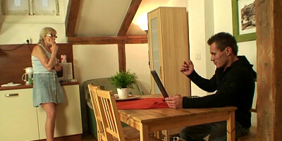 Guy convinces wife's blonde stepmom to have quickie