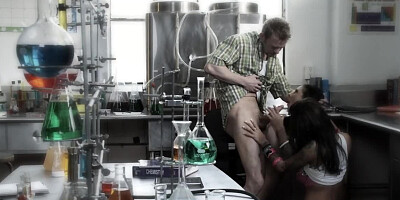 Crazy threesome FFM fucking in chemical laboratory