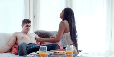 Black teen with slender figure has interracial sex with white man