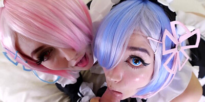 Threesome sex of European girls wearing pink and blue wigs