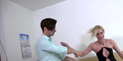 Blonde MILF sucks a cock and gets pulled by the hair during sex