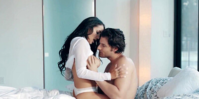 Busty brunette and her man begin morning with sensual sex