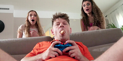 Marina Maya and Jayla De Angelis pleasuring horny stud in the living room