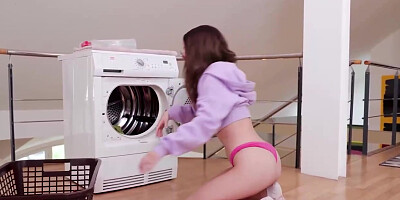 Teenager stunner Kate Quinn is dressed in only her lil' undies while cleaning, luring dad into pulverizing