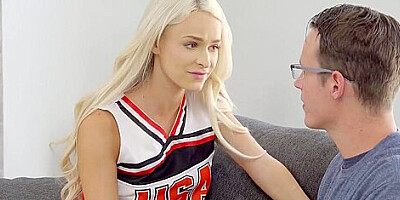 Slutty, blonde cheerleader, Emma Hix is getting stuffed with a big, hard dick and enjoying it