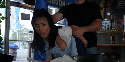 Asian waitress Ameena Greene gets a hard fuck and creampie in a cafe