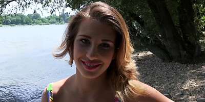Horny slut Ayda Swinger plays with a hard dick outdoors