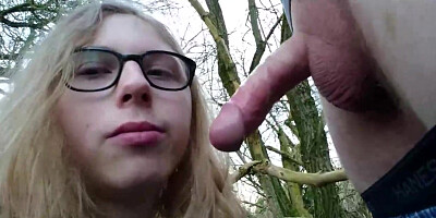 First-Timer ash-blonde with meaty, black glasses is deep throating stiffy in the nature, just for joy