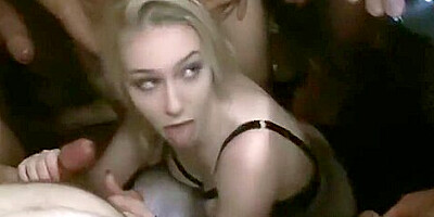 Whore gets bukkaked during blowbang