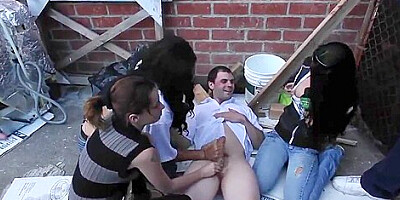 Two babes jerk strange cock for a gameshow