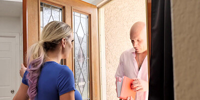 Kenzie Taylor pleasuring bald-headed guy on the couch