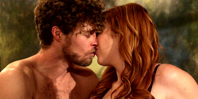 Beautiful ginger Lauren Phillips makes guy cum all over her giant boobs