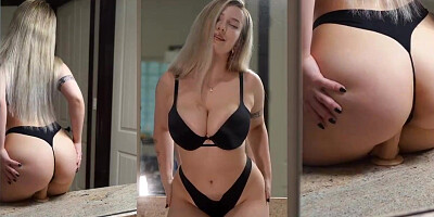 Bootylicious towheaded gal is frolicking with her large breasts and frolicking her dribbling humid cunny