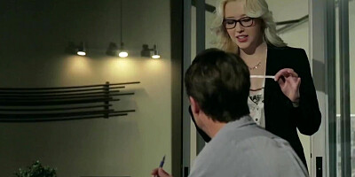 Samantha Rone gives bj on her knees before some office fuck with her boss