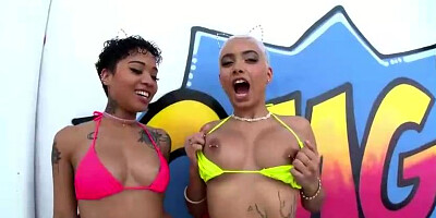 Aria Banks and Coco Lovecock are taking turns pleasuring a stud they are in love with