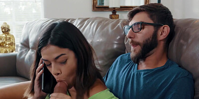 Harmony Wonder pleasuring bearded guy on leather couch