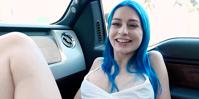 Blue-haired girl gives stepbro blowjob and footjob in the bedroom