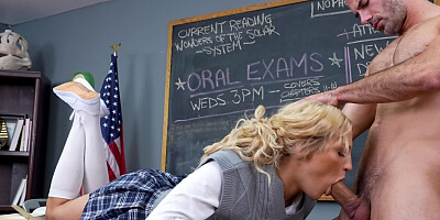 Teacher teaser exposes her yummy pussy for him to lick